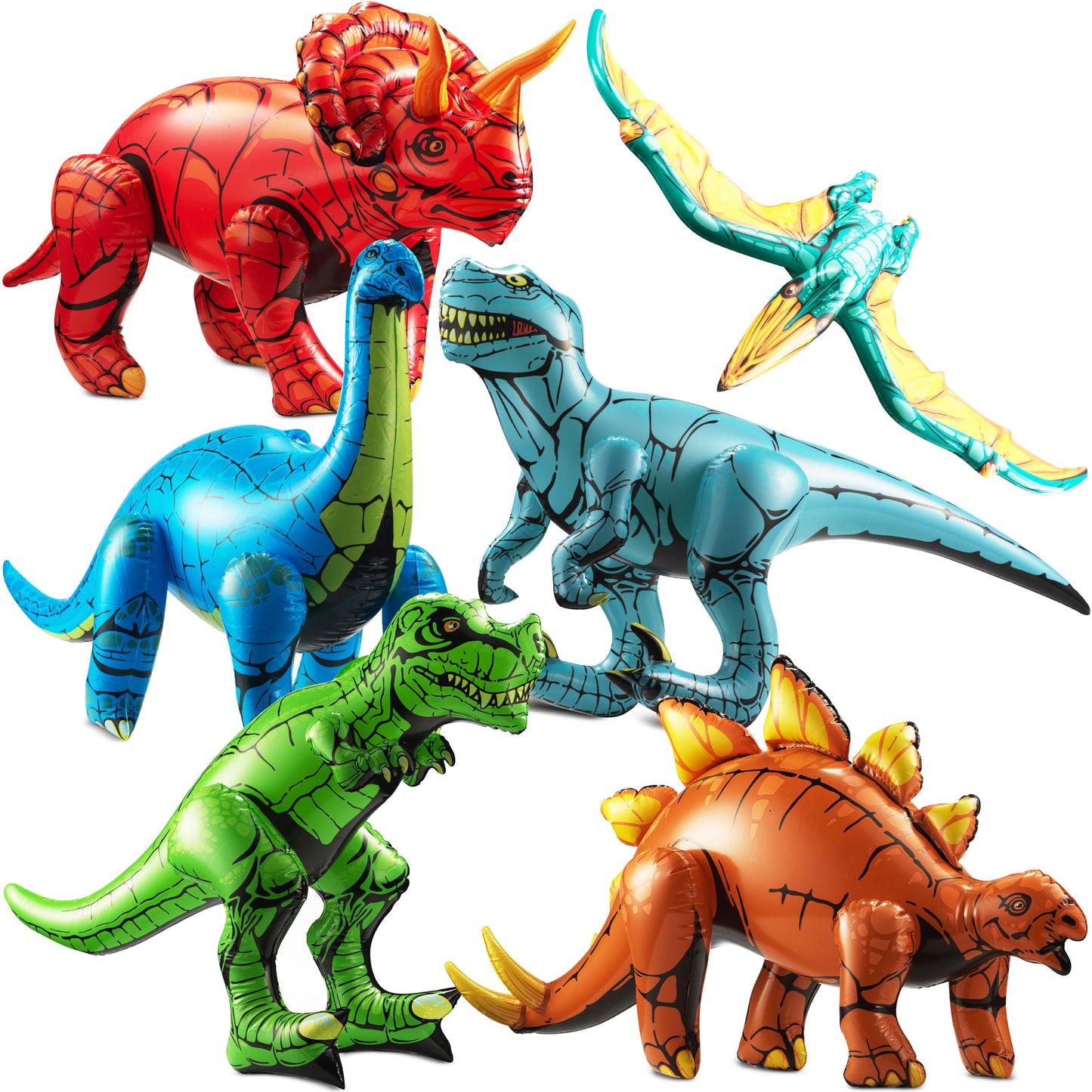 KiddieLoot 6-Pcs Inflatable Dinosaurs (20–26 inches) – Self-Standing Party Decor & Pool Toys