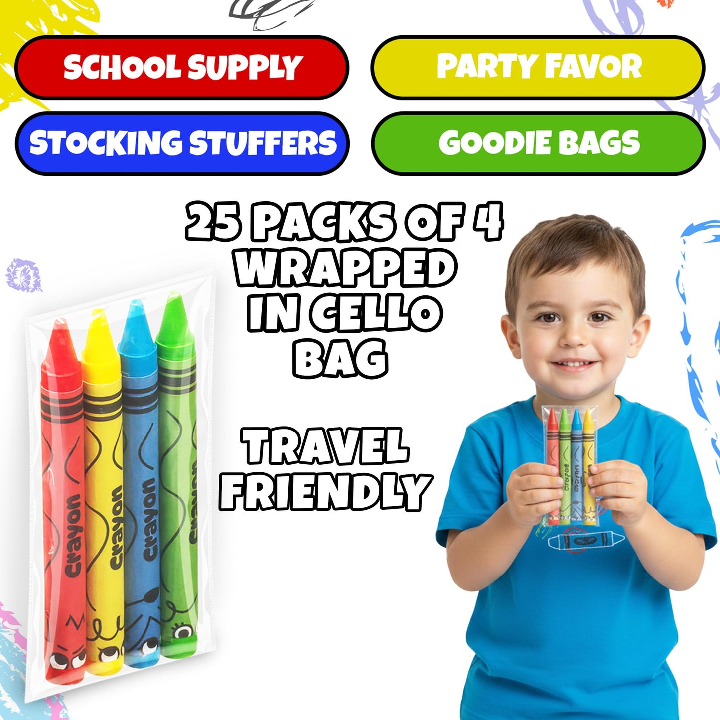 KiddieLoot Bulk Crayons 100 Pack – 25 Sets of 4, Pre-Wrapped Party Favors