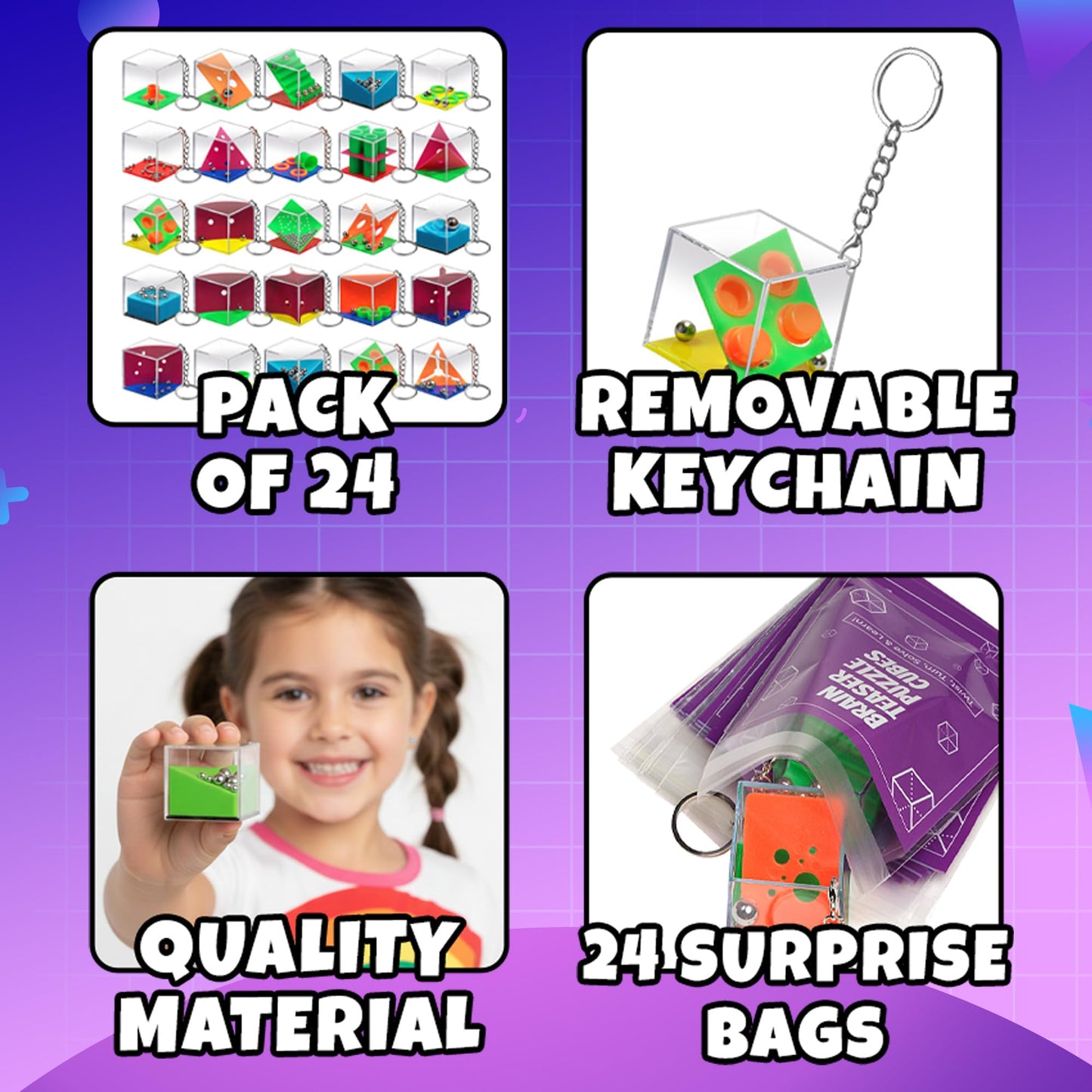 KiddieLoot Brain Teaser Puzzle Cubes on Keychain (24 Pack) – Mini Maze Toys for Kids