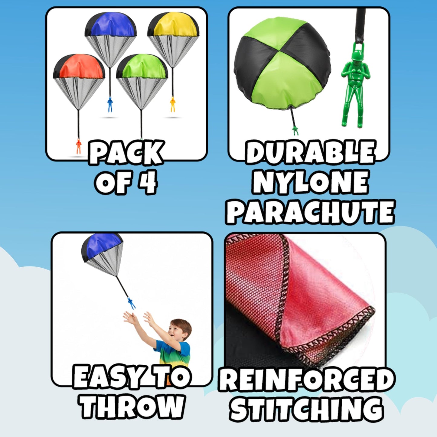 KiddieLoot Parachute Toys – Pack of 4, Tangle-Free Throwing Army Figures, Bright Colors for Outdoor Play (Ages 4-8)