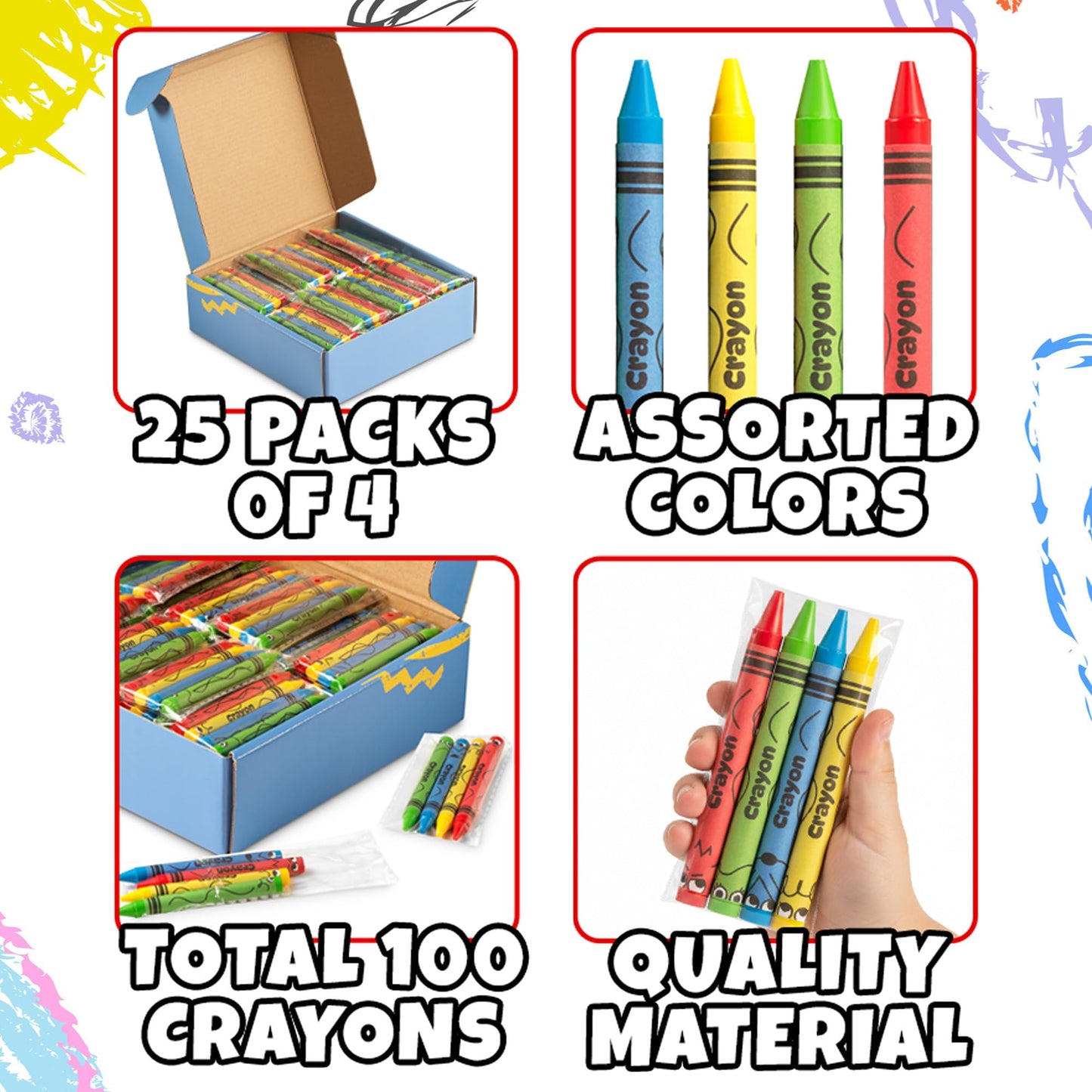 KiddieLoot Bulk Crayons 100 Pack – 25 Sets of 4, Pre-Wrapped Party Favors