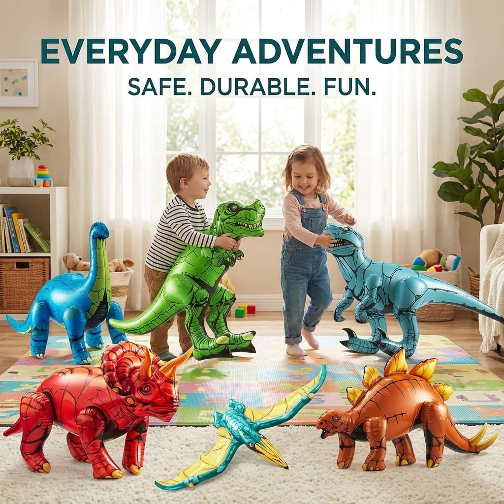 KiddieLoot 6-Pcs Inflatable Dinosaurs (20–26 inches) – Self-Standing Party Decor & Pool Toys