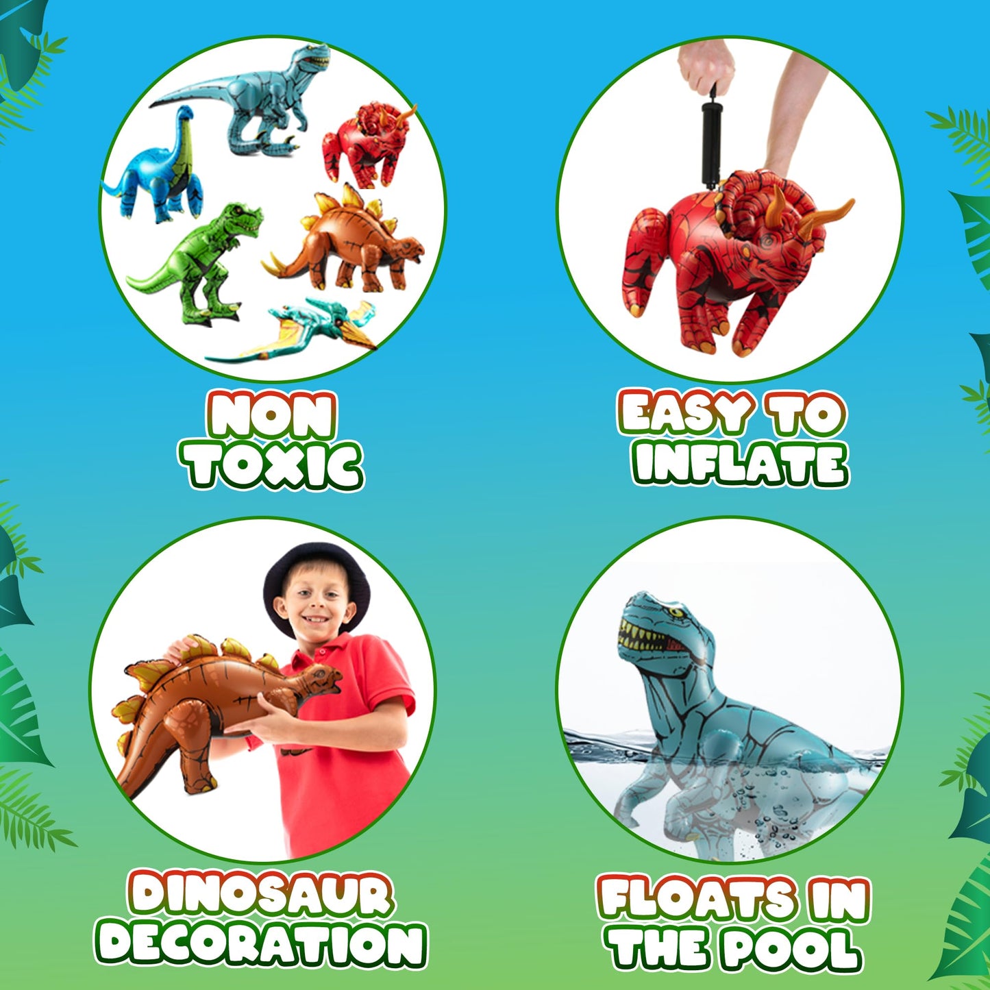 KiddieLoot 6-Pcs Inflatable Dinosaurs (20–26 inches) – Self-Standing Party Decor & Pool Toys