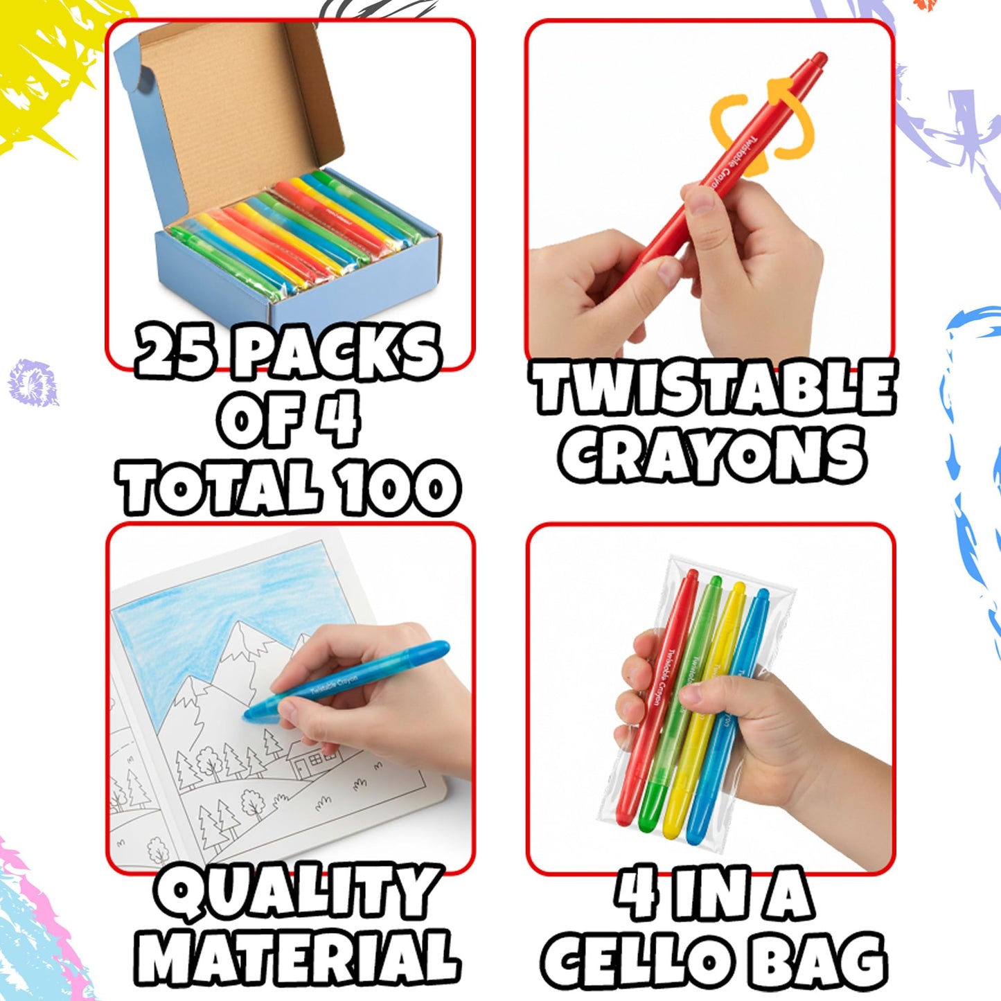 KiddieLoot Twistable Crayons Bulk 100 Pack – 25 Sets of 4, No Sharpening, Mess-Free Coloring for Kids