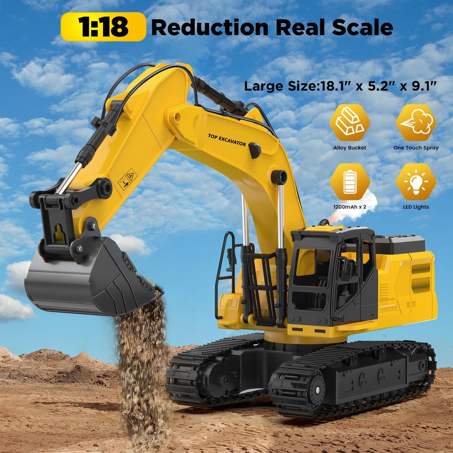 KIDDITOY 1:18 Metal RC Excavator – 11-Channel, Water Spray, Lights & Dual Batteries