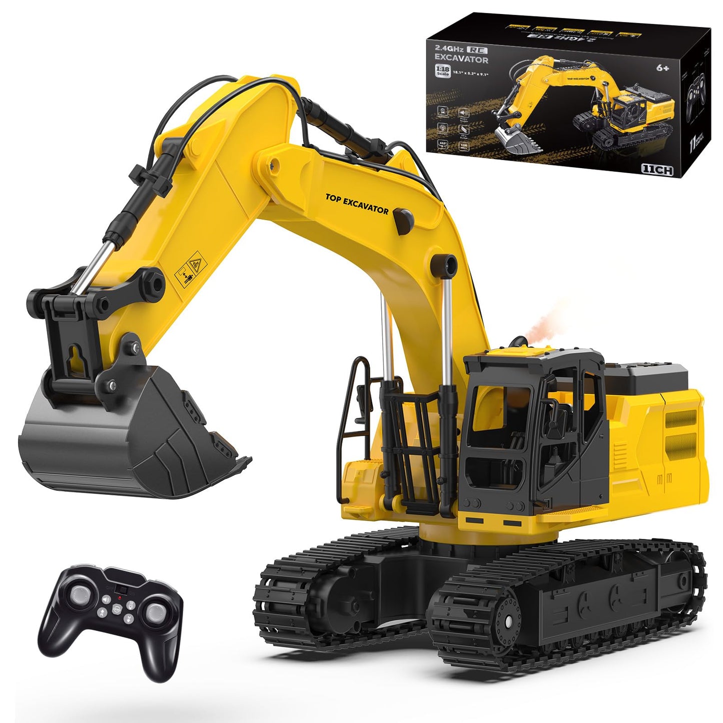 KIDDITOY 1:18 Metal RC Excavator – 11-Channel, Water Spray, Lights & Dual Batteries