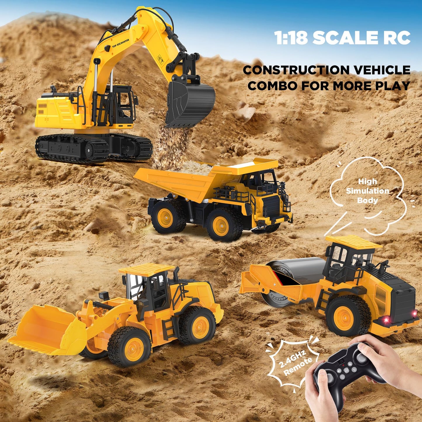 KIDDITOY 1:18 Metal RC Excavator – 11-Channel, Water Spray, Lights & Dual Batteries