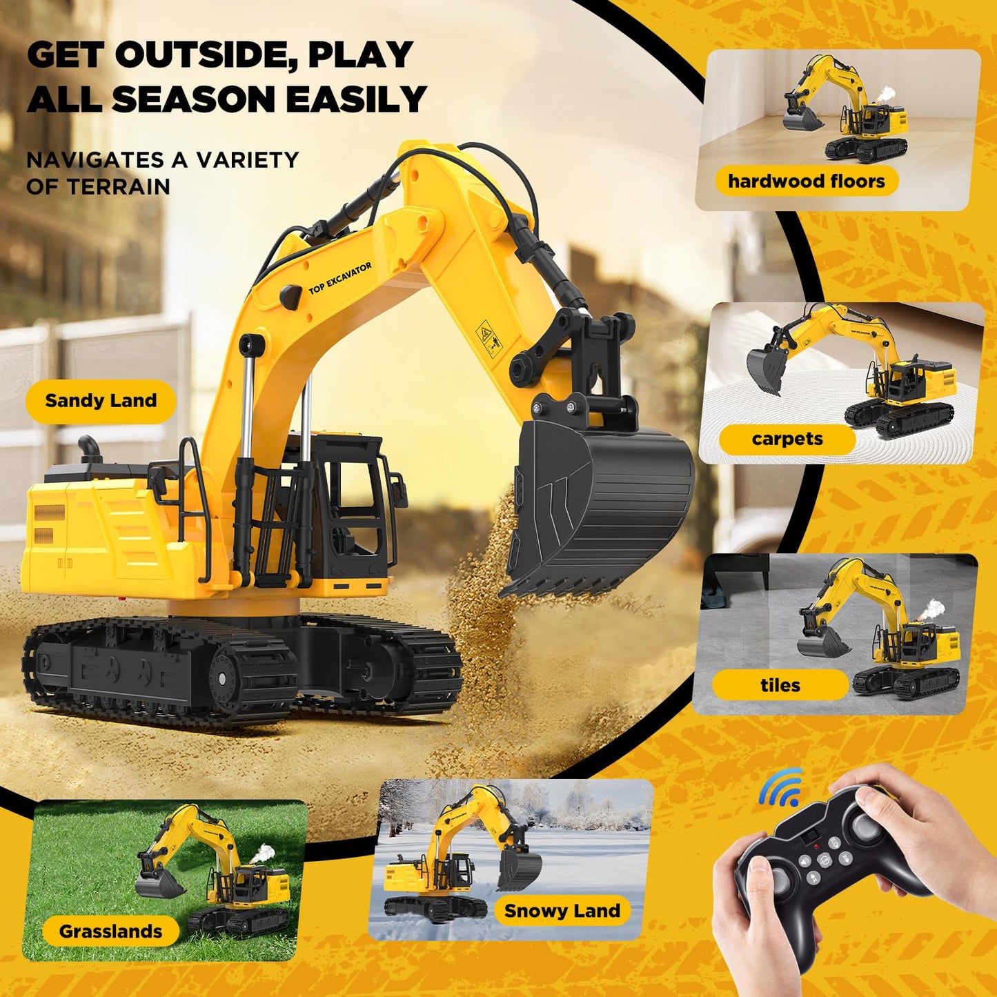 KIDDITOY 1:18 Metal RC Excavator – 11-Channel, Water Spray, Lights & Dual Batteries