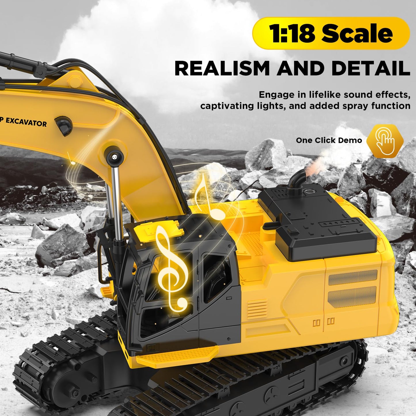 KIDDITOY 1:18 Metal RC Excavator – 11-Channel, Water Spray, Lights & Dual Batteries
