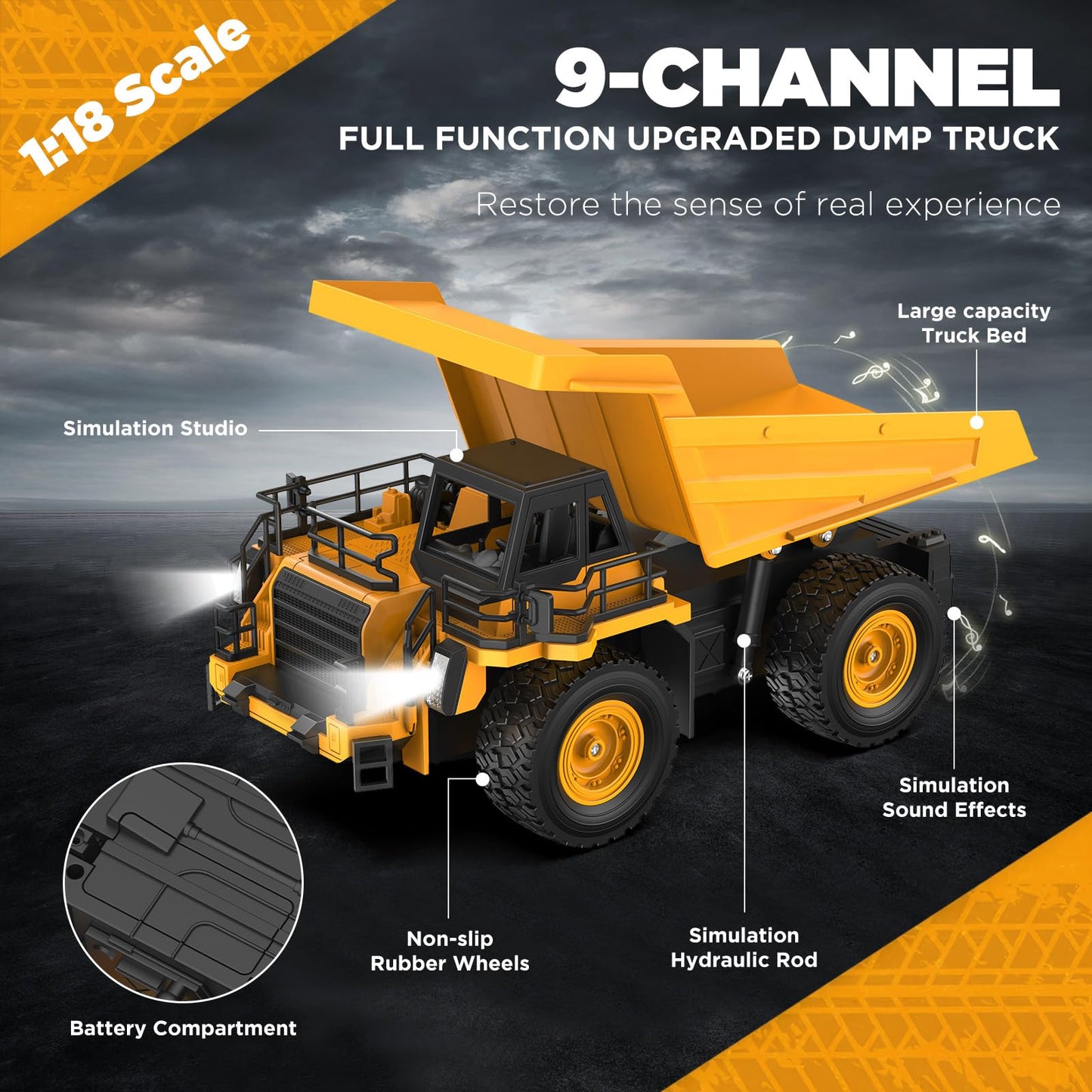 KIDDITOY 9-Channel RC Dump Truck Toy | 1:18 Scale, Lights & Sounds, All-Terrain Tires, 100-Min Rechargeable Battery – STEM Gift