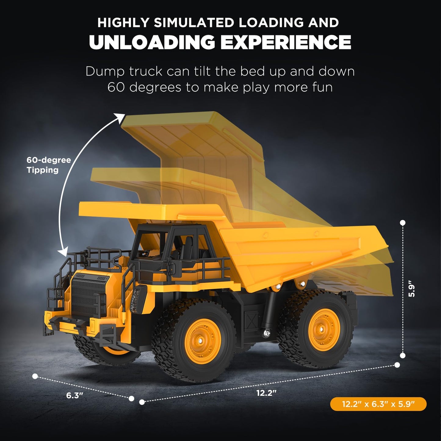 KIDDITOY 9-Channel RC Dump Truck Toy | 1:18 Scale, Lights & Sounds, All-Terrain Tires, 100-Min Rechargeable Battery – STEM Gift