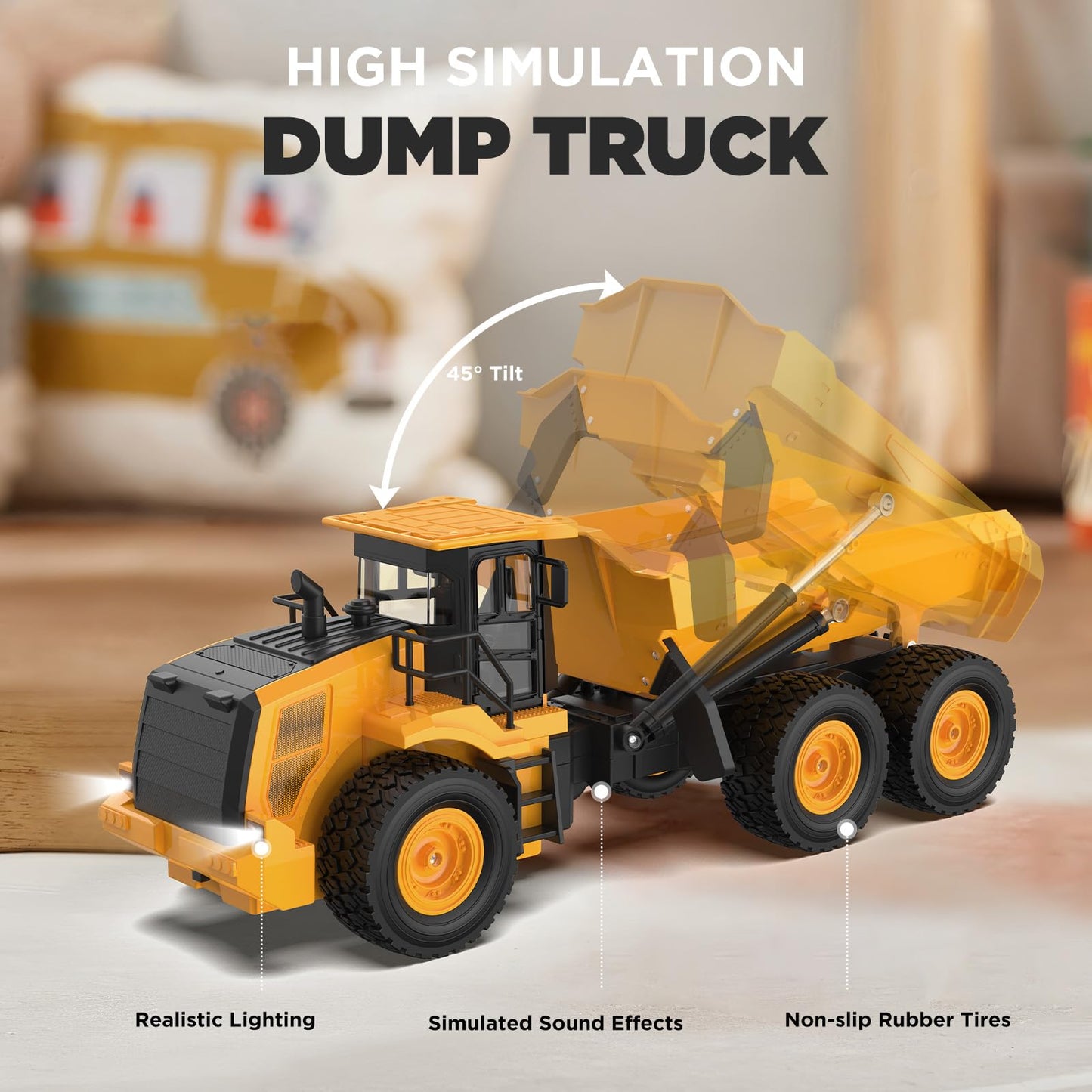 KIDDITOY Mighty 9-Channel RC Dump Truck Toy — 1:18 All-Terrain with Lights & Sounds