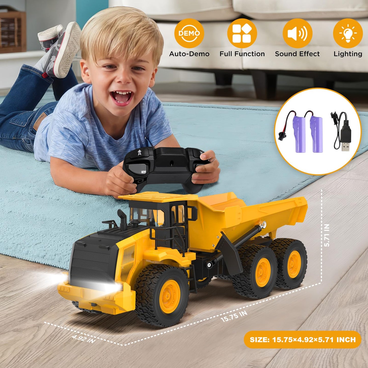 KIDDITOY Mighty 9-Channel RC Dump Truck Toy — 1:18 All-Terrain with Lights & Sounds