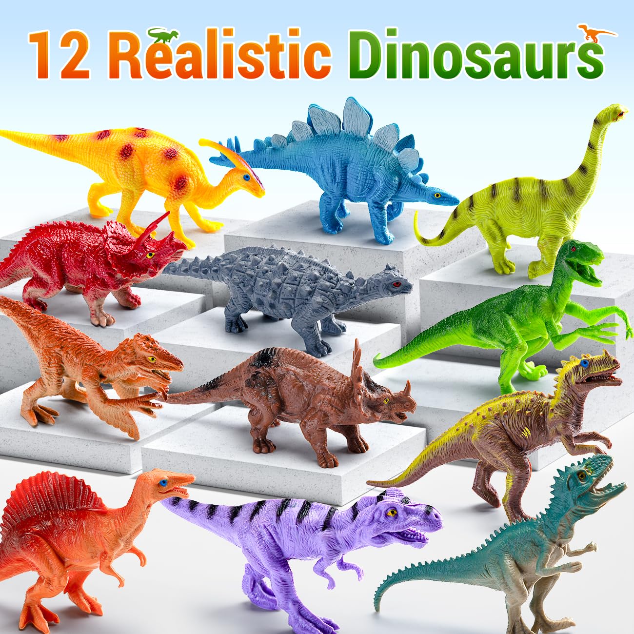 Kiddiworld 12 Realistic Dinosaur Toys with Metal Storage Box – BPA-Free Dino Set for Ages 2-6