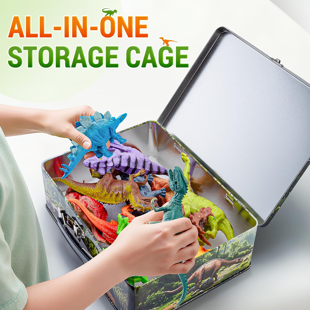 Kiddiworld 12 Realistic Dinosaur Toys with Metal Storage Box – BPA-Free Dino Set for Ages 2-6