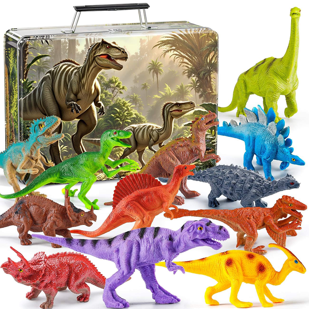 Kiddiworld 12 Realistic Dinosaur Toys with Metal Storage Box – BPA-Free Dino Set for Ages 2-6