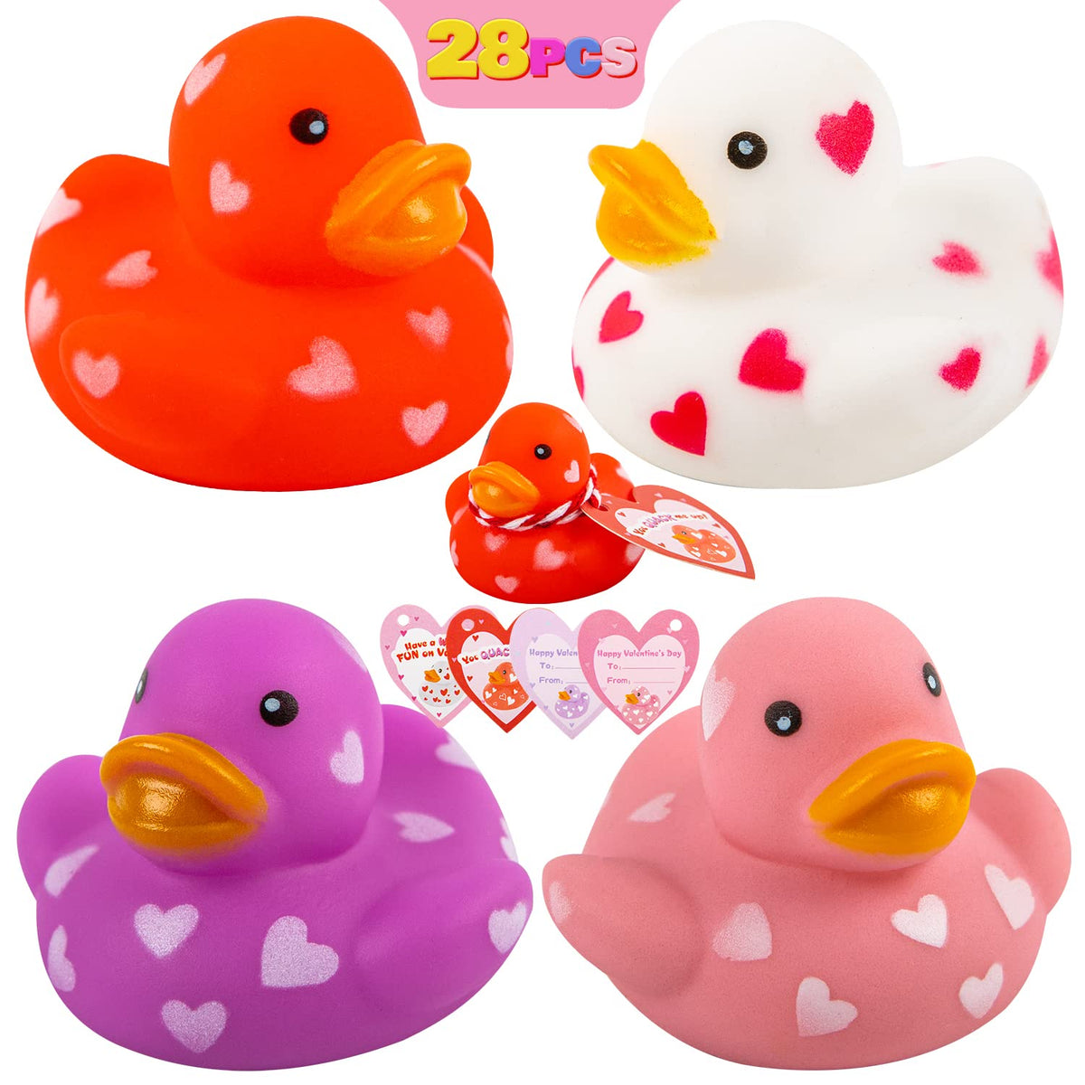 Kiddokids 28-Pack Valentine Cards with Rubber Ducks - Non-Candy Classroom Gifts
