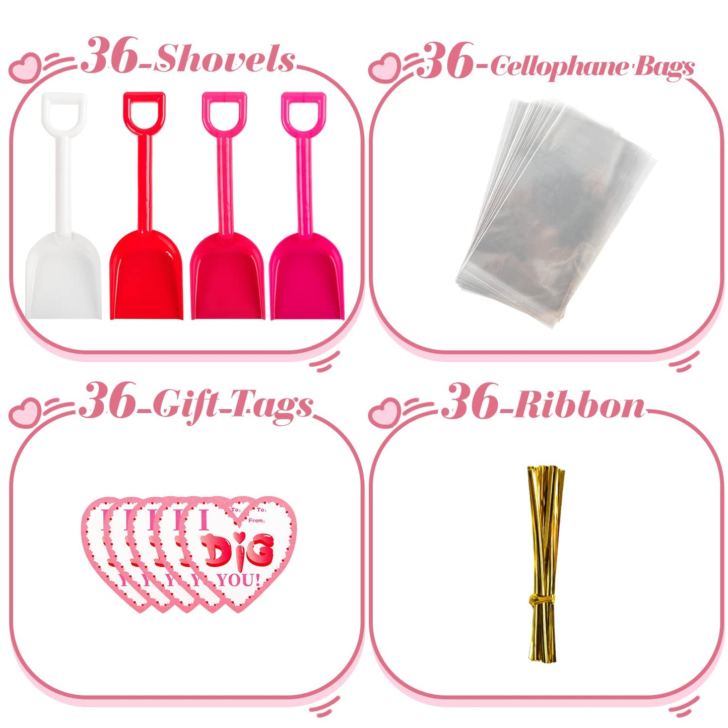 KIDDOKIDS 36-Pack Valentine's Day Cards with Shovels & Bags – Non-Candy Classroom Gifts