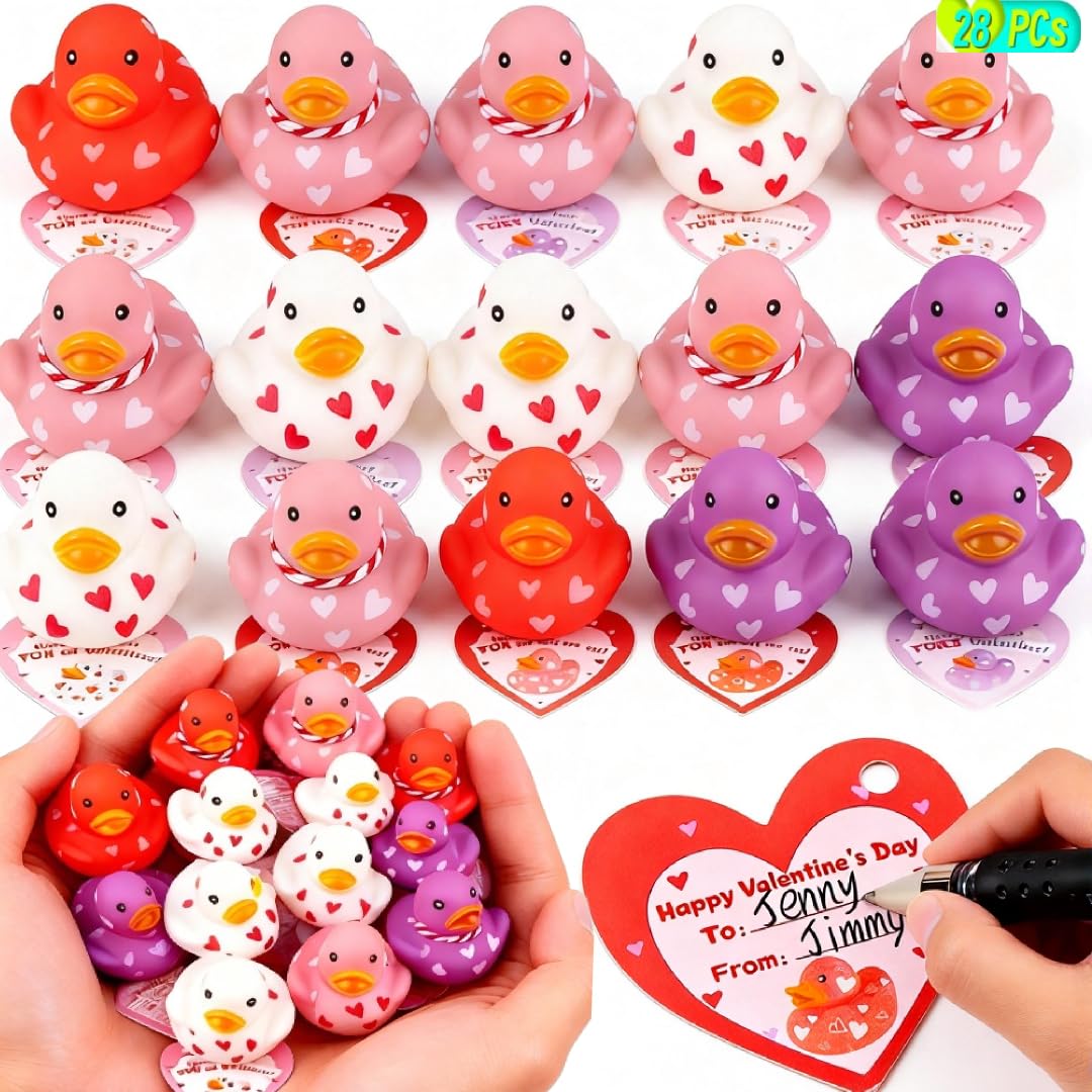 Kiddokids 28-Pack Valentine Cards with Rubber Ducks - Non-Candy Classroom Gifts