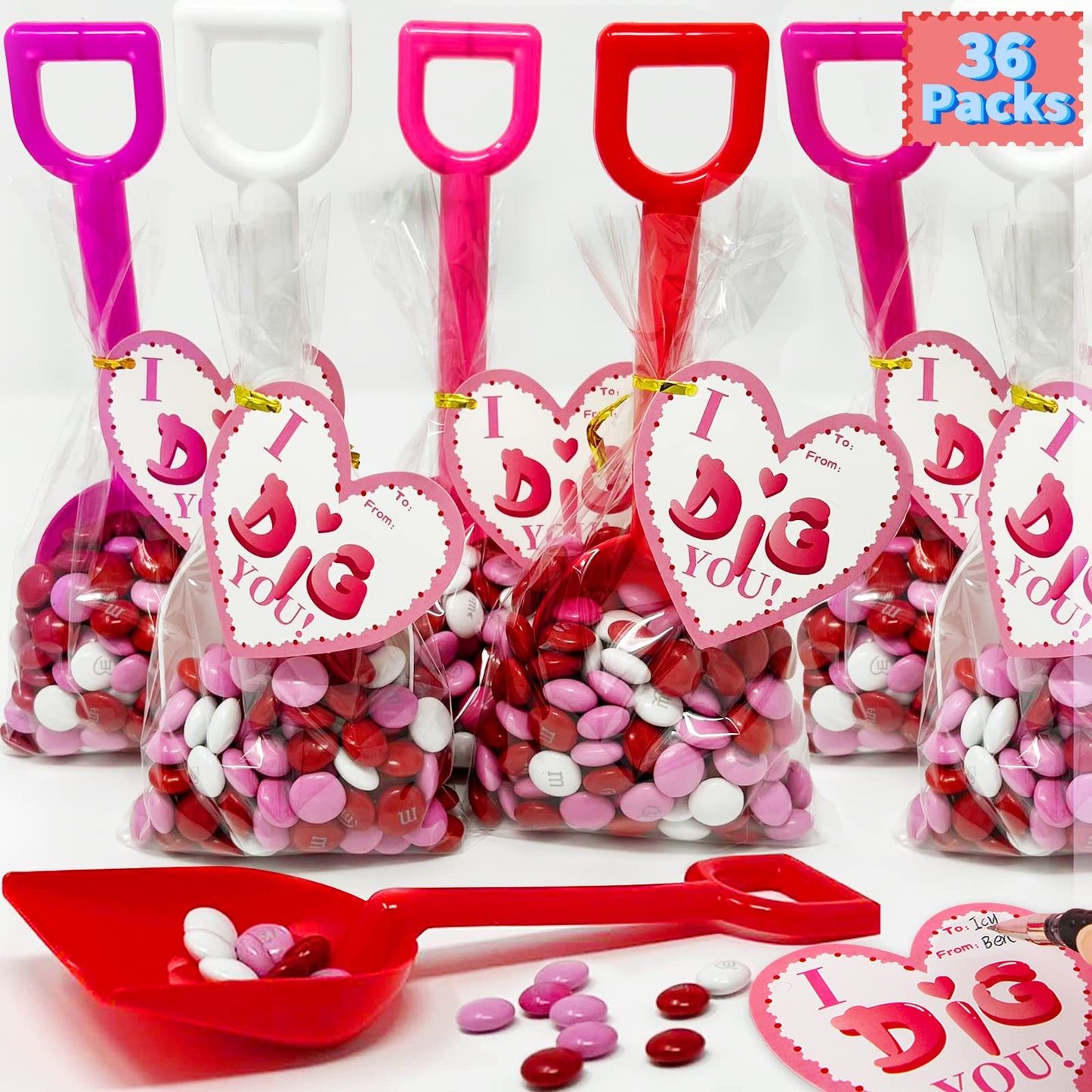 KIDDOKIDS 36-Pack Valentine's Day Cards with Shovels & Bags – Non-Candy Classroom Gifts