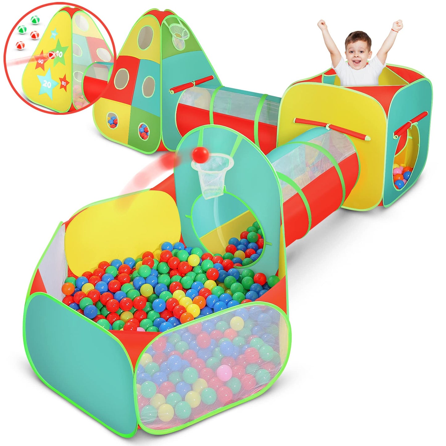 Kiddzery 5pc Kids Play Tent Set: Ball Pit, Tunnels, Teepee & Basketball Hoop