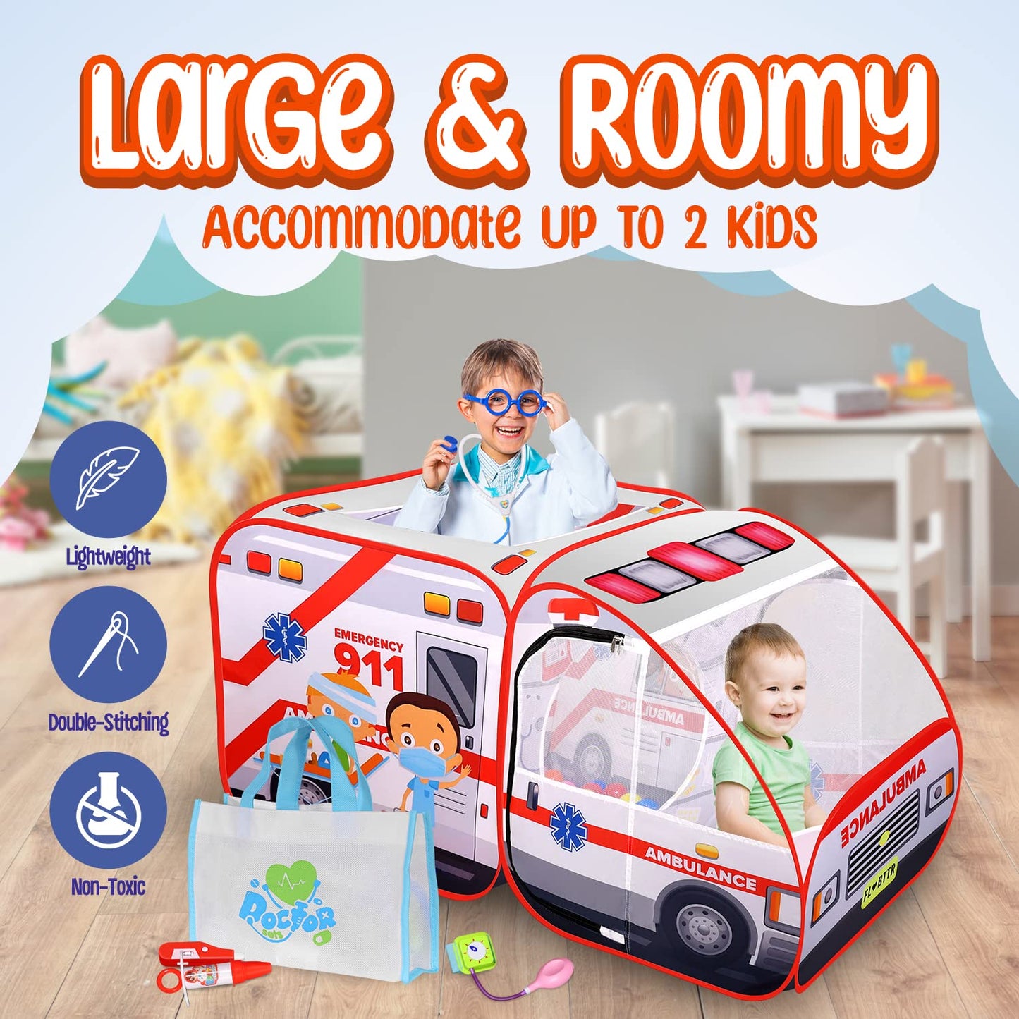 Kiddzery Ambulance Pop-Up Tent with Sounds – Doctor Kit & Ball Pit