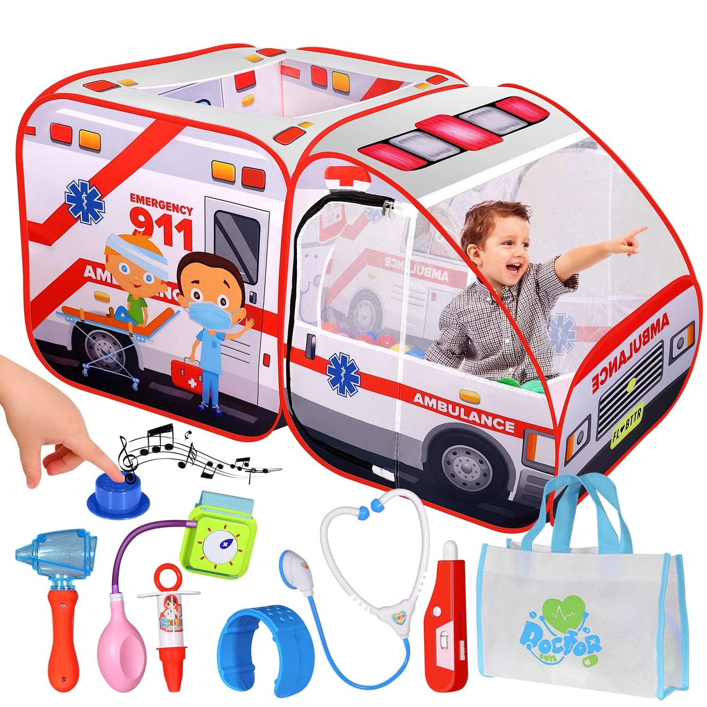Kiddzery Ambulance Pop-Up Tent with Sounds – Doctor Kit & Ball Pit