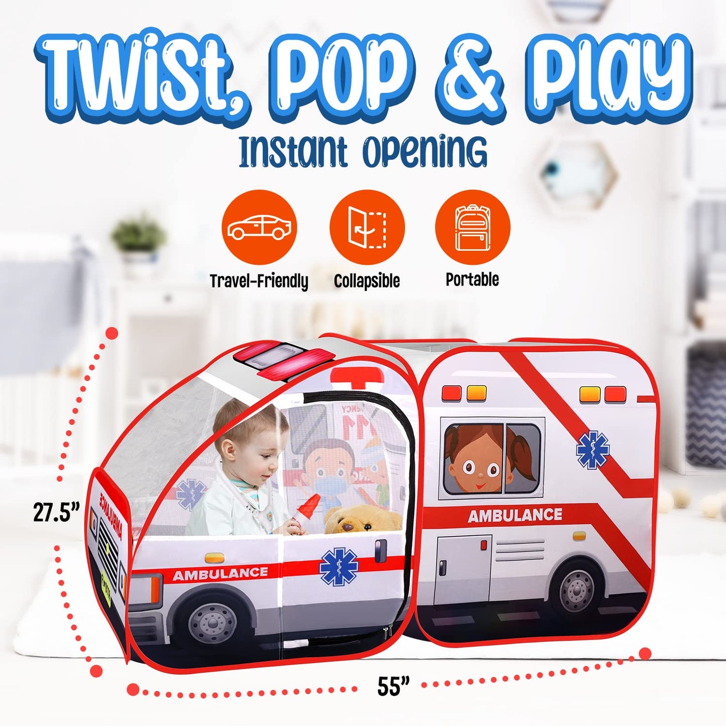 Kiddzery Ambulance Pop-Up Tent with Sounds – Doctor Kit & Ball Pit