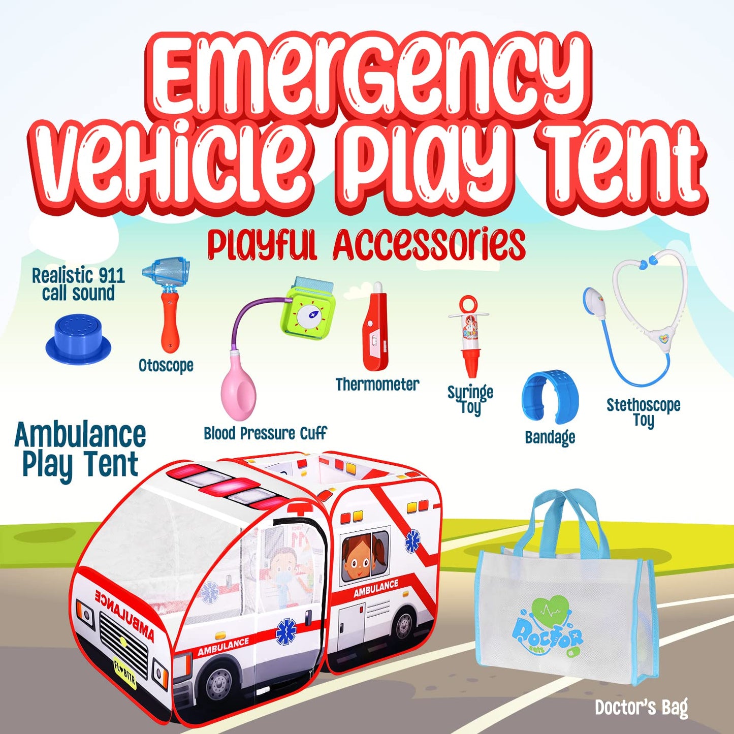 Kiddzery Ambulance Pop-Up Tent with Sounds – Doctor Kit & Ball Pit