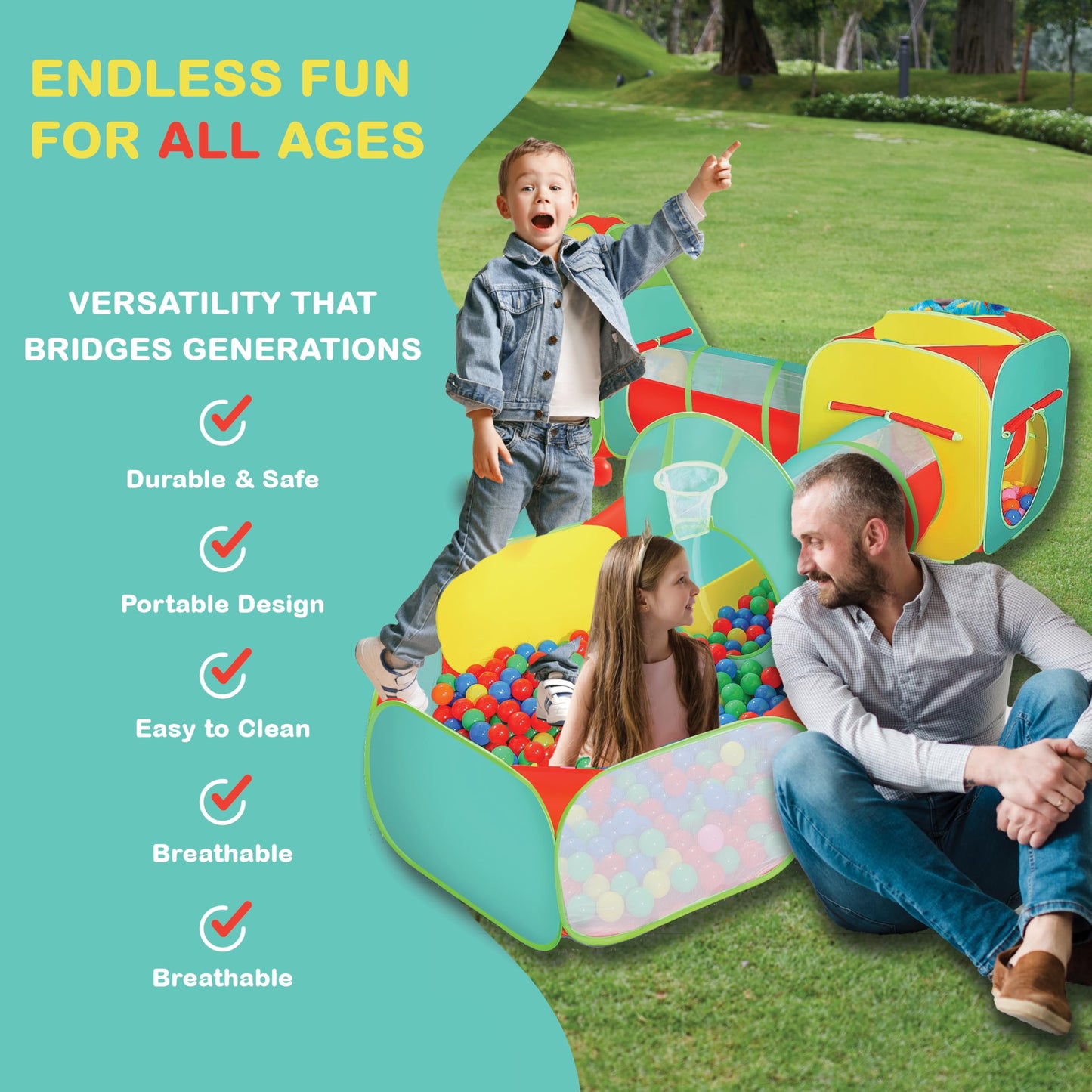Kiddzery 5pc Kids Play Tent Set: Ball Pit, Tunnels, Teepee & Basketball Hoop