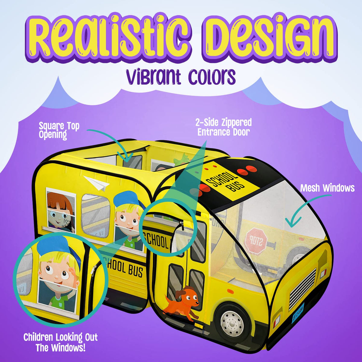Kiddzery School Bus Pop-Up Tent with Sound Button – Indoor & Outdoor Ball Pit for Toddlers & Kids