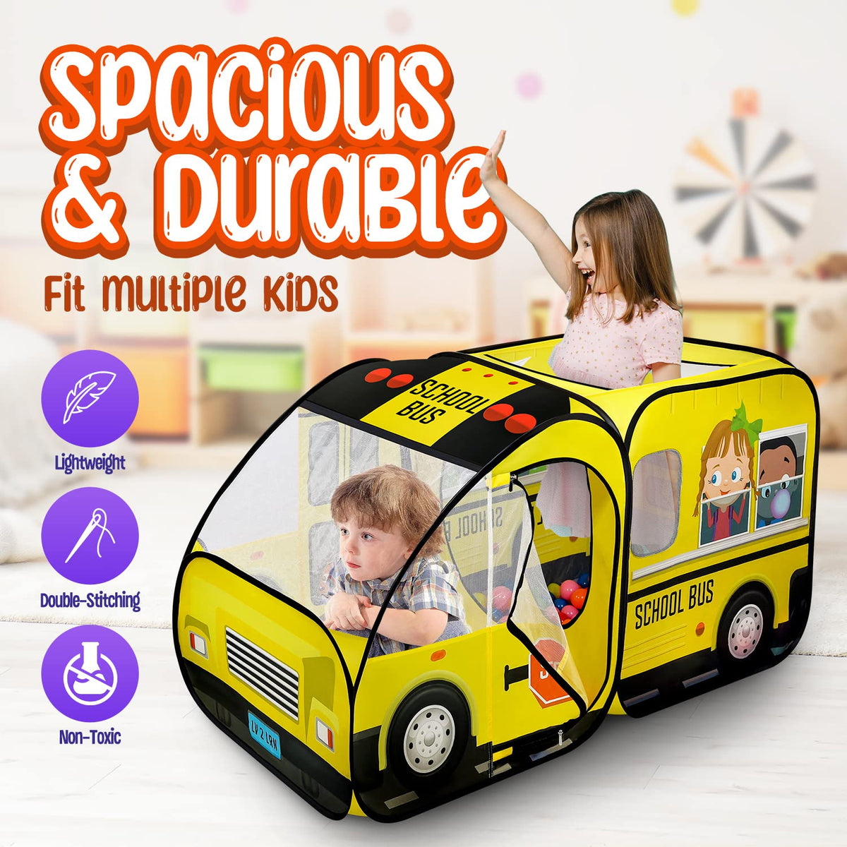 Kiddzery School Bus Pop-Up Tent with Sound Button – Indoor & Outdoor Ball Pit for Toddlers & Kids