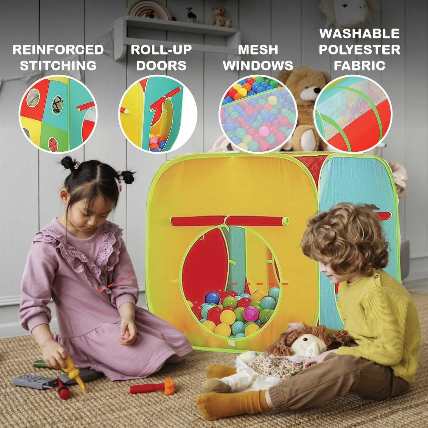 Kiddzery 5pc Kids Play Tent Set: Ball Pit, Tunnels, Teepee & Basketball Hoop