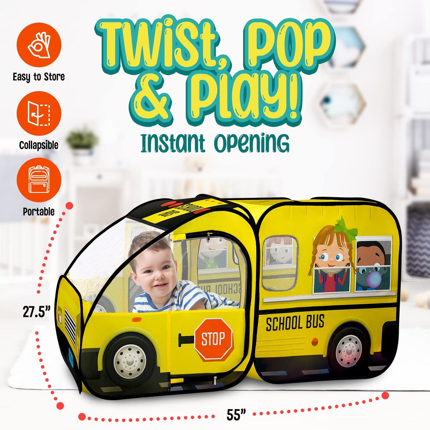 Kiddzery School Bus Pop-Up Tent with Sound Button – Indoor & Outdoor Ball Pit for Toddlers & Kids