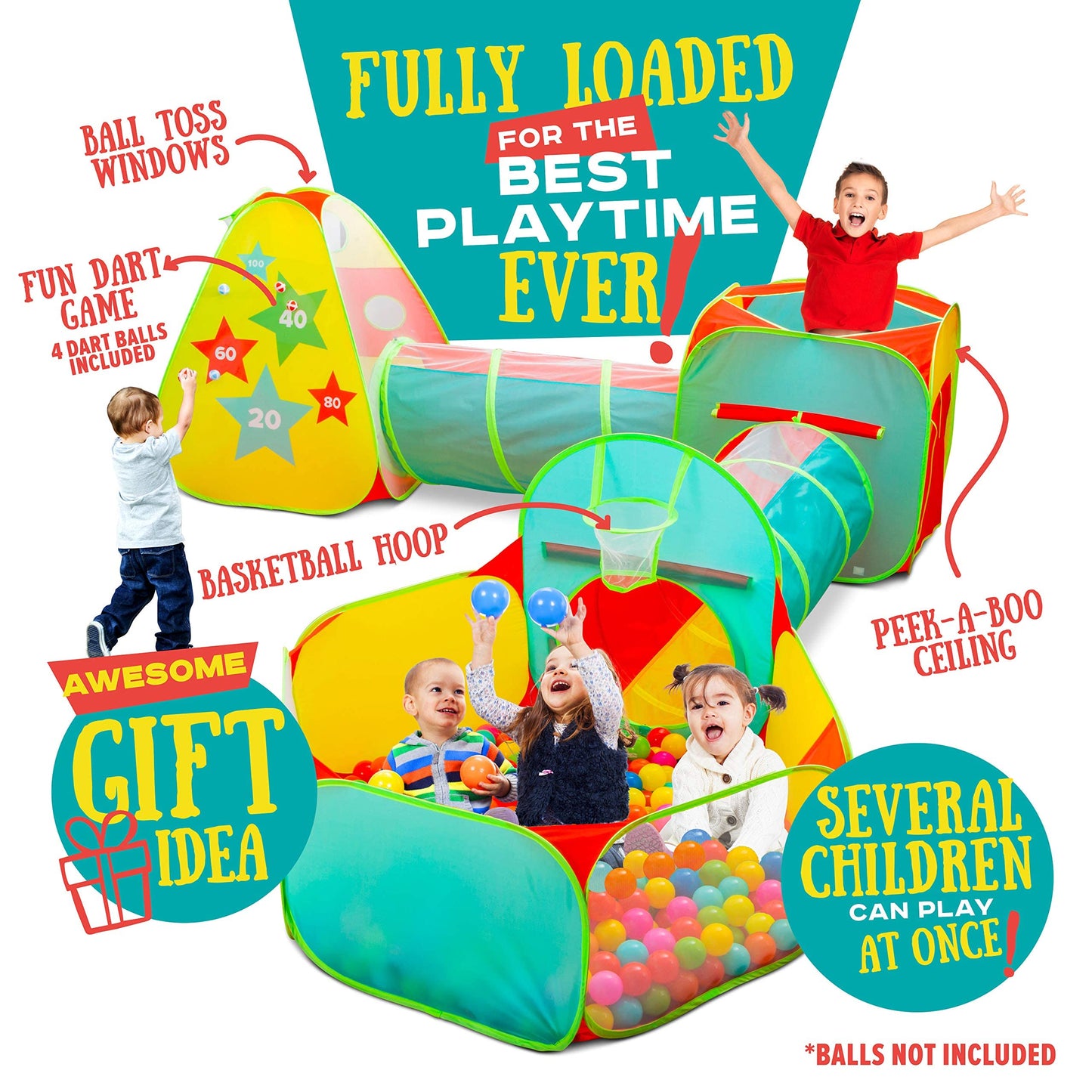 Kiddzery 5pc Kids Play Tent Set: Ball Pit, Tunnels, Teepee & Basketball Hoop