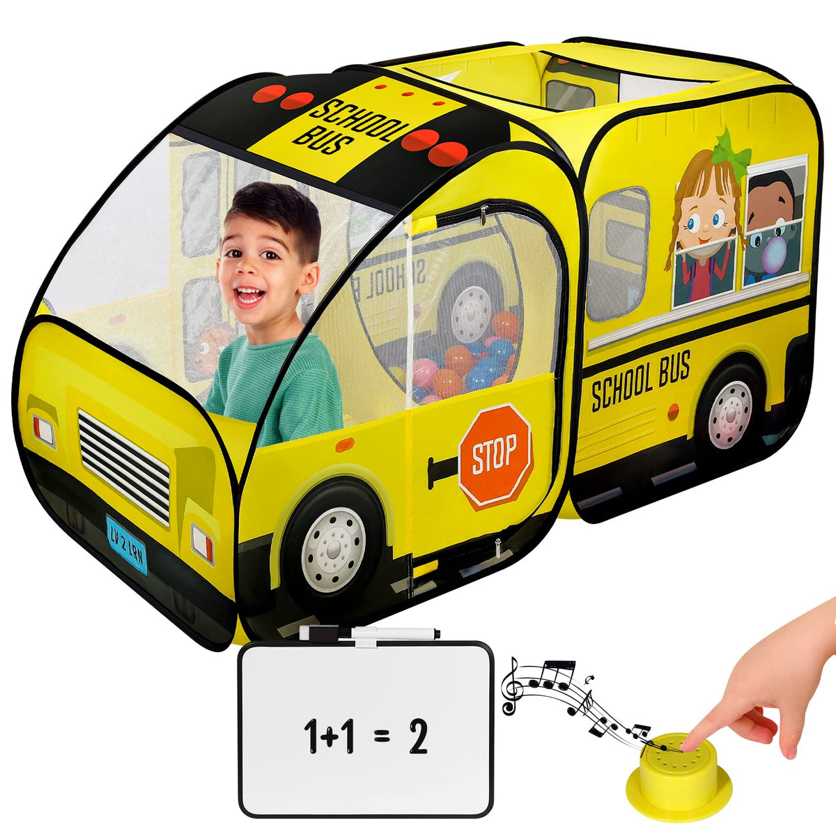 Kiddzery School Bus Pop-Up Tent with Sound Button – Indoor & Outdoor Ball Pit for Toddlers & Kids