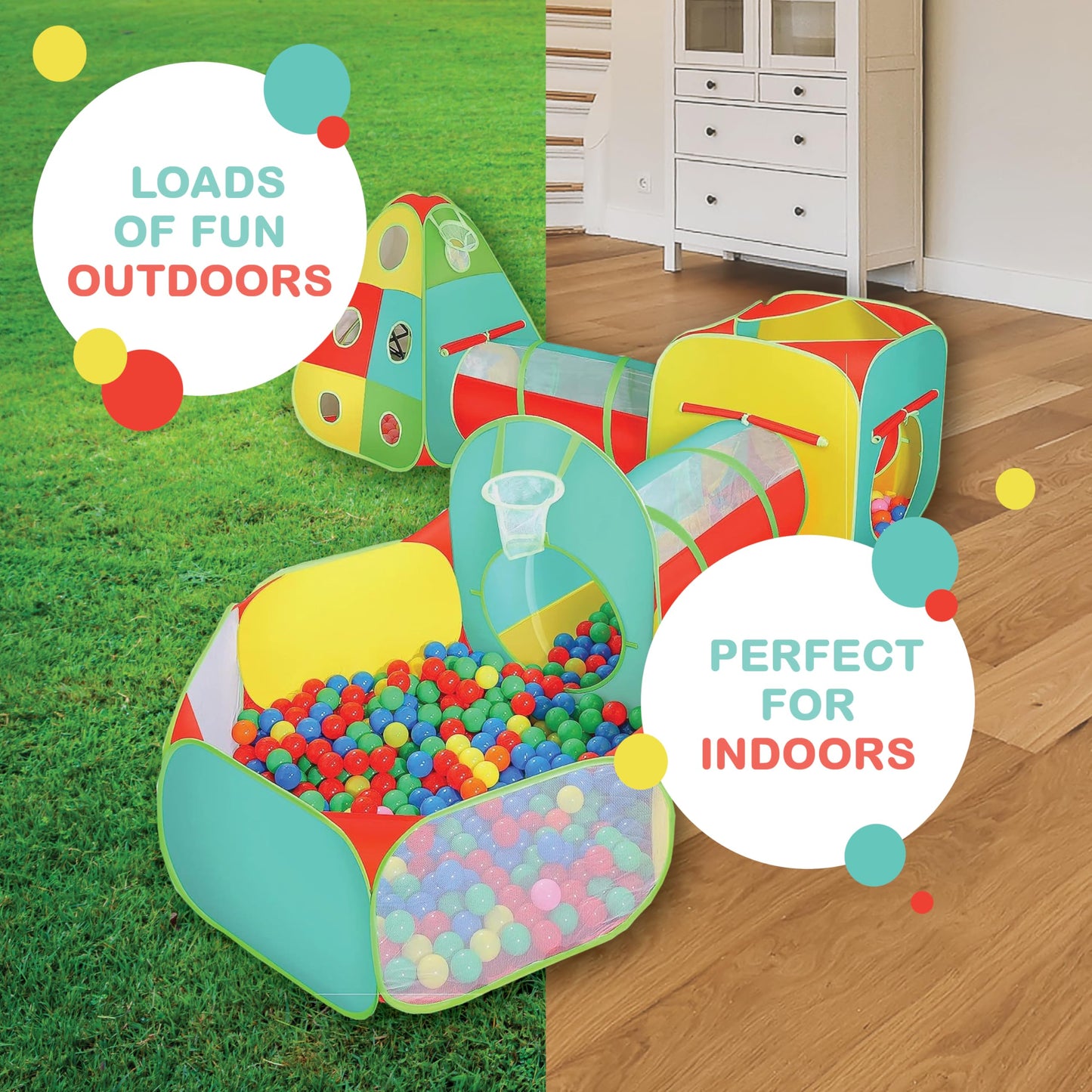 Kiddzery 5pc Kids Play Tent Set: Ball Pit, Tunnels, Teepee & Basketball Hoop