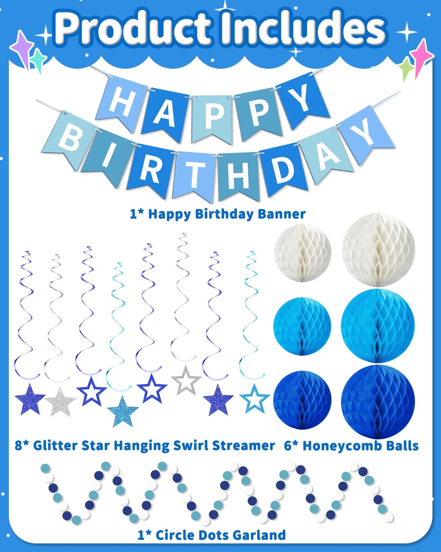 Kidific Blue Happy Birthday Decorations — Banner, Honeycomb Balls, Star Swirl Streamers, Dots Garland