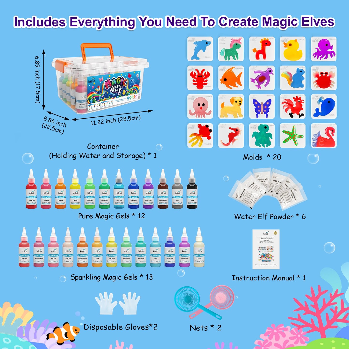 Kiditos Magic Water Elf Toy Kit – 25 Gels, 20 Molds, Safe Sensory DIY for Kids 3+