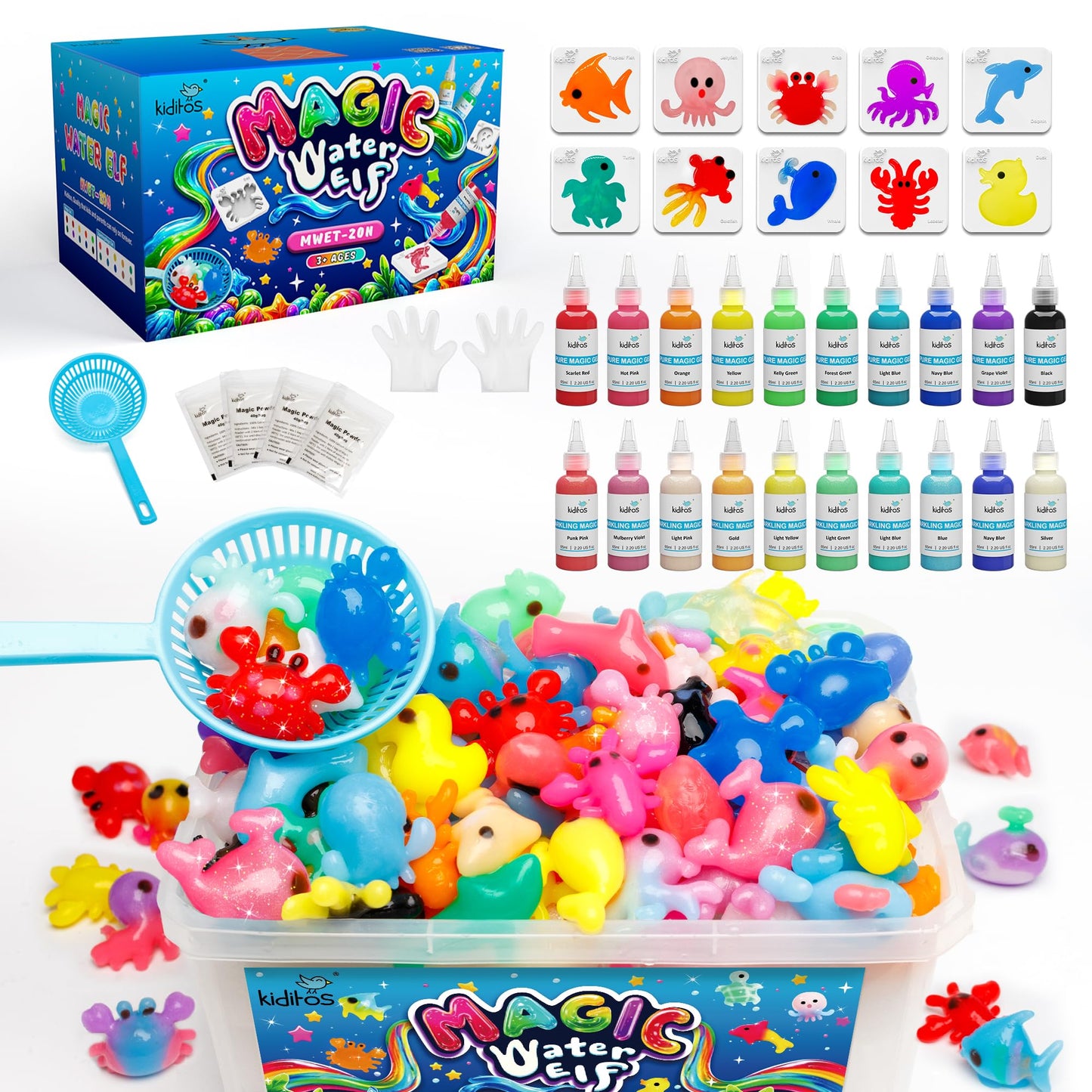Kiditos Magic Water Elf Toy Kit – 20 Gels & 10 Molds for Creative Sensory Play