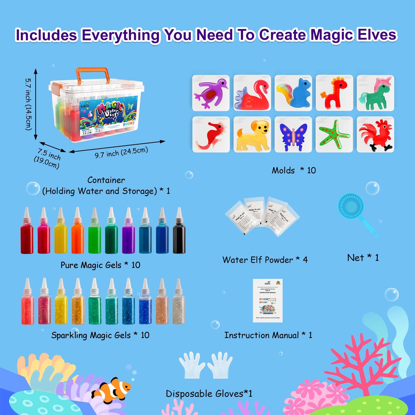Kiditos Magic Water Elf Toy Kit - Gel Squishies & Animal Molds for Kids 3+