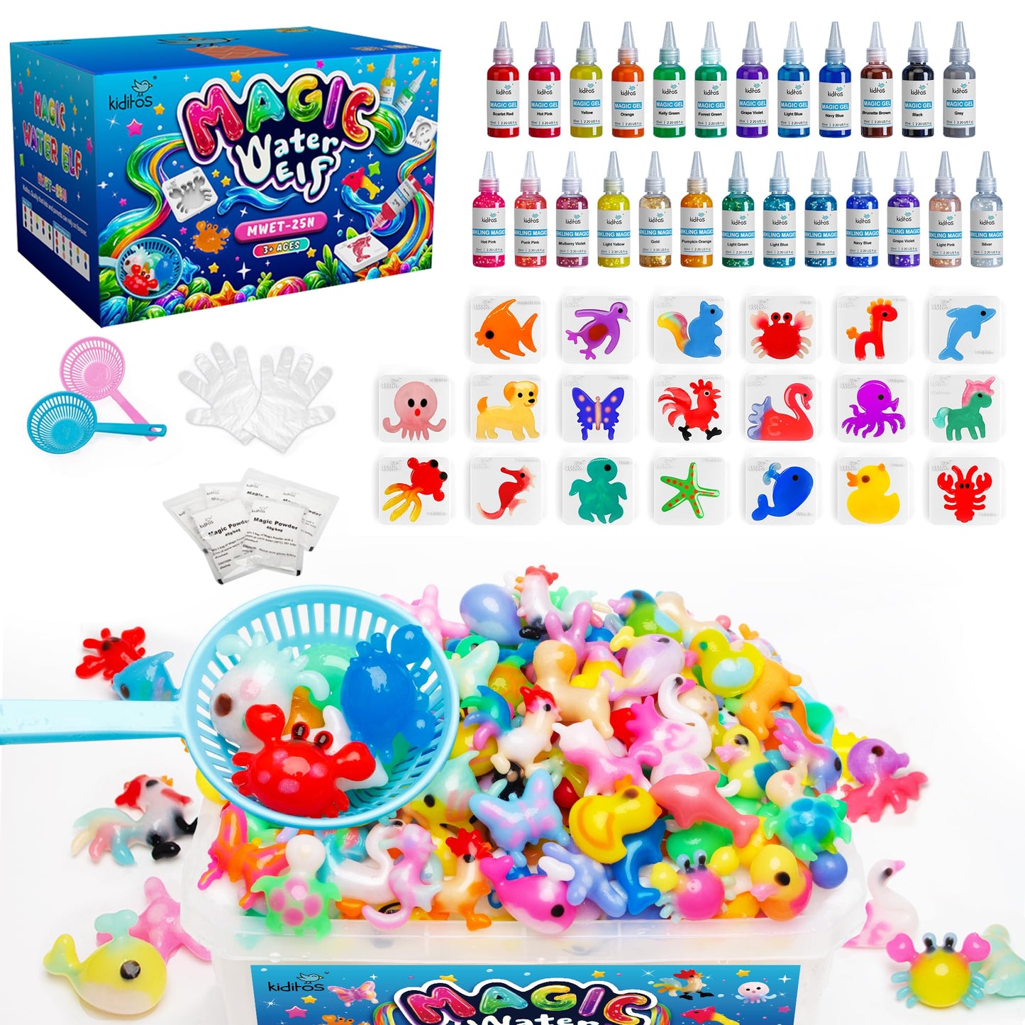 Kiditos Magic Water Elf Toy Kit – 25 Gels, 20 Molds, Safe Sensory DIY for Kids 3+