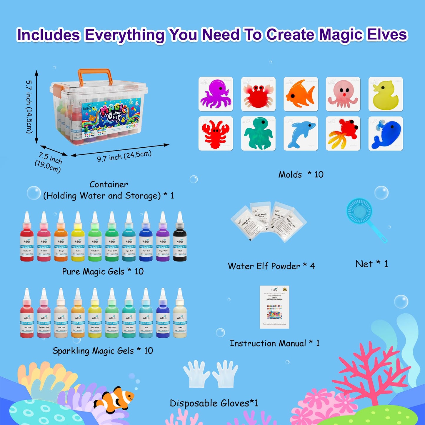 Kiditos Magic Water Elf Toy Kit – 20 Gels & 10 Molds for Creative Sensory Play