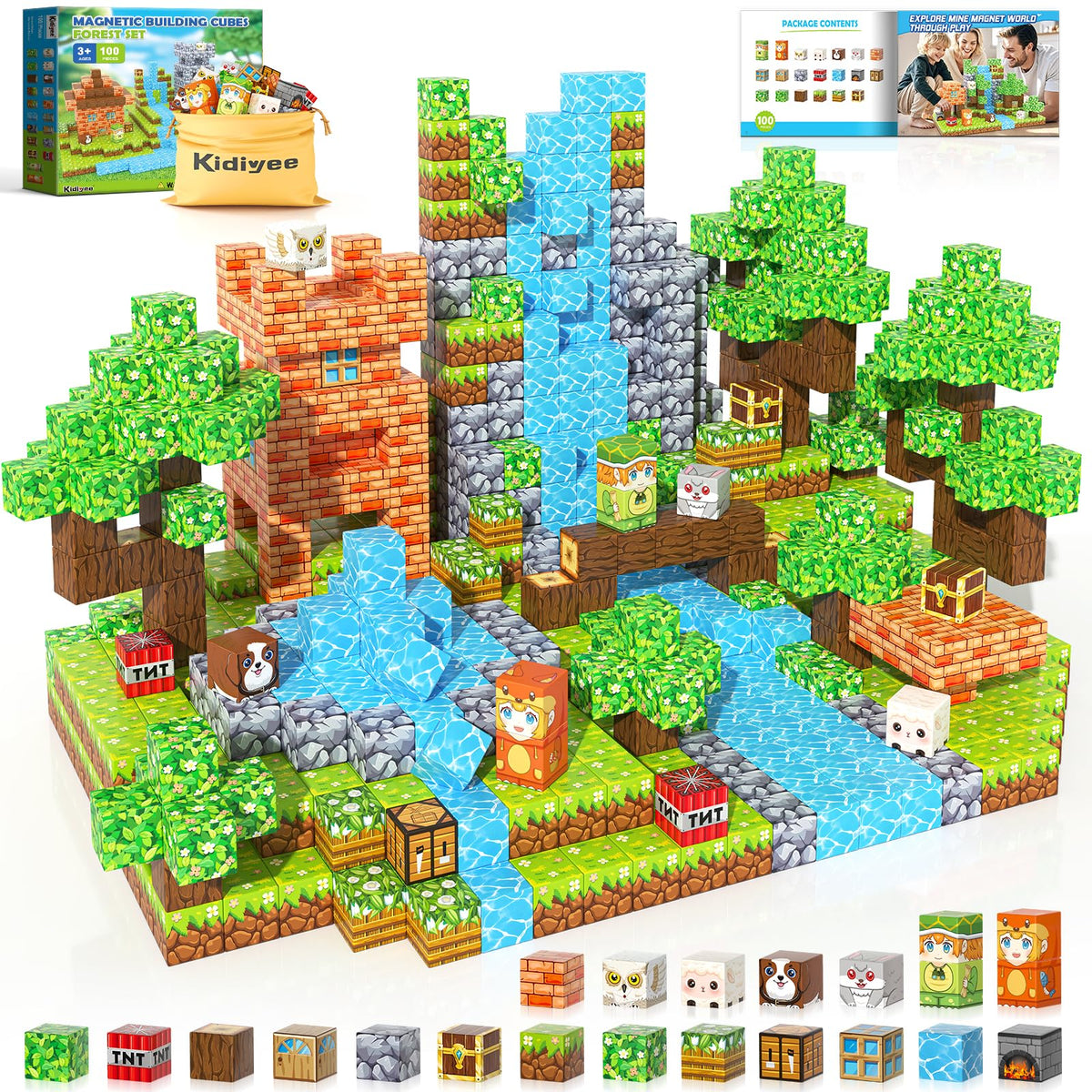 Kidiyee 100PCS Magnetic Blocks – Forest World STEM Building Toys for Kids 4-8