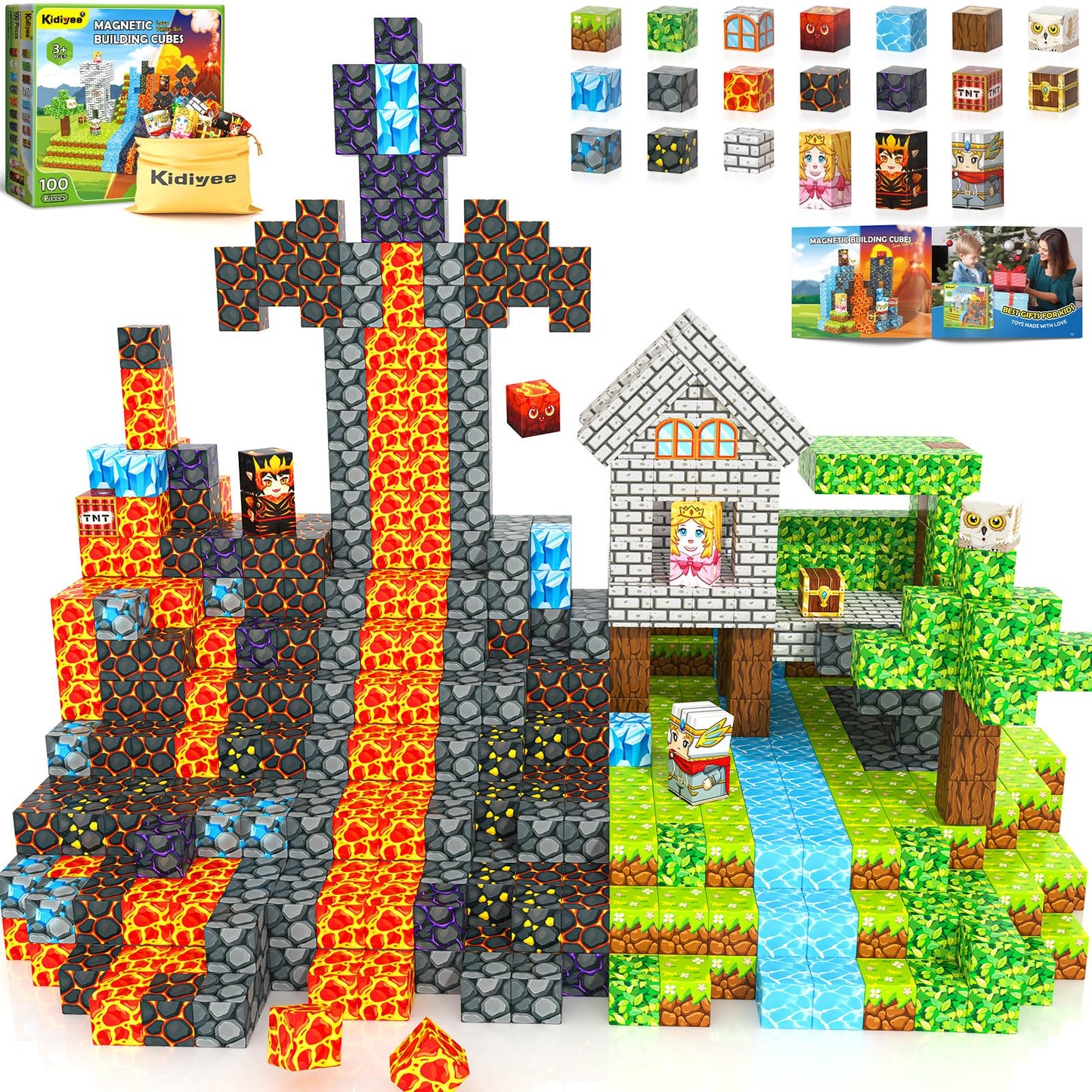 Kidiyee 100PCS Magnetic Blocks – Mine Magnet World: Forest & Lava Set for STEM Play (Ages 3-7)