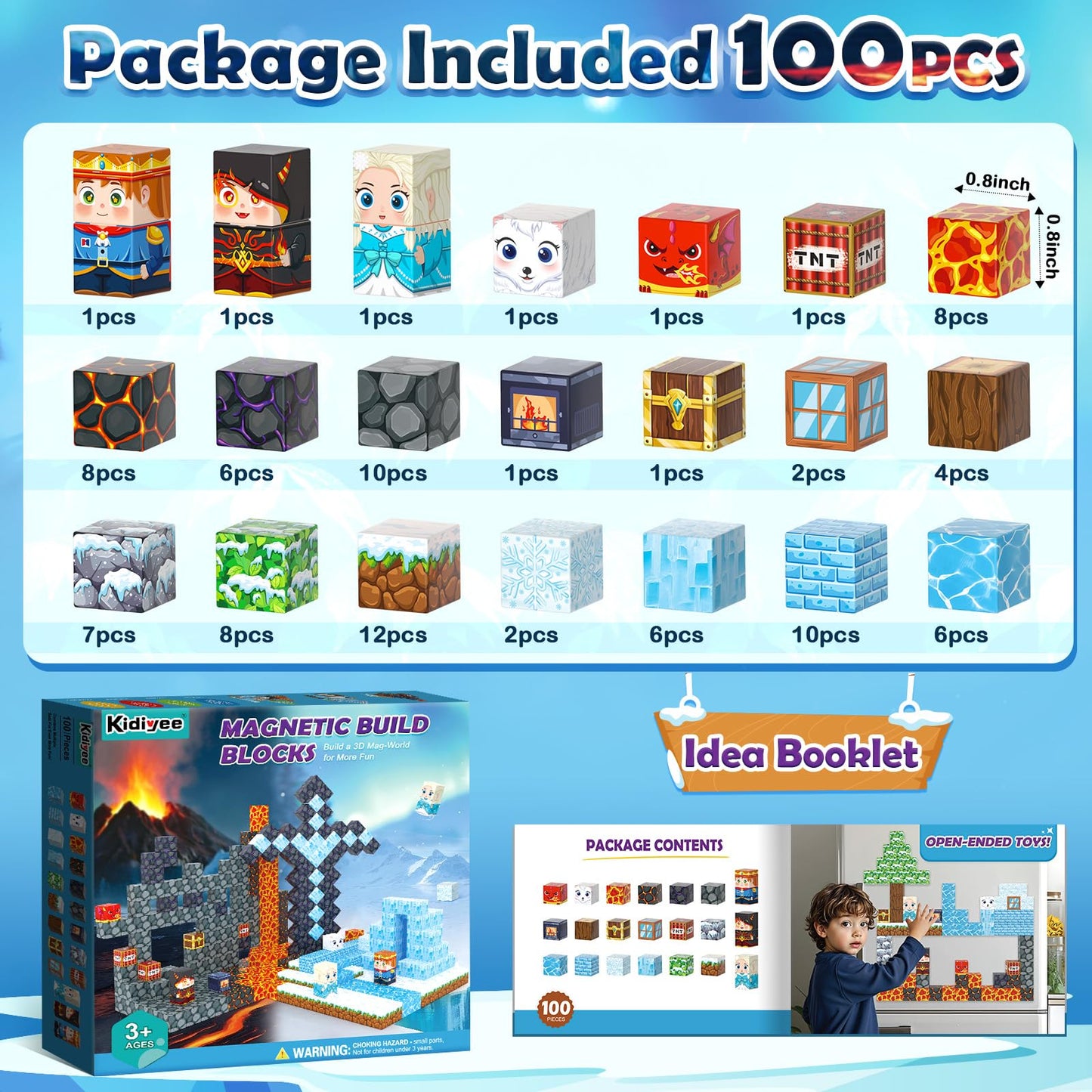 Kidiyee Magnetic Blocks - Build Mine Magnet World Ice Lava Set, 100 Pieces for STEM Play (Ages 3-8)