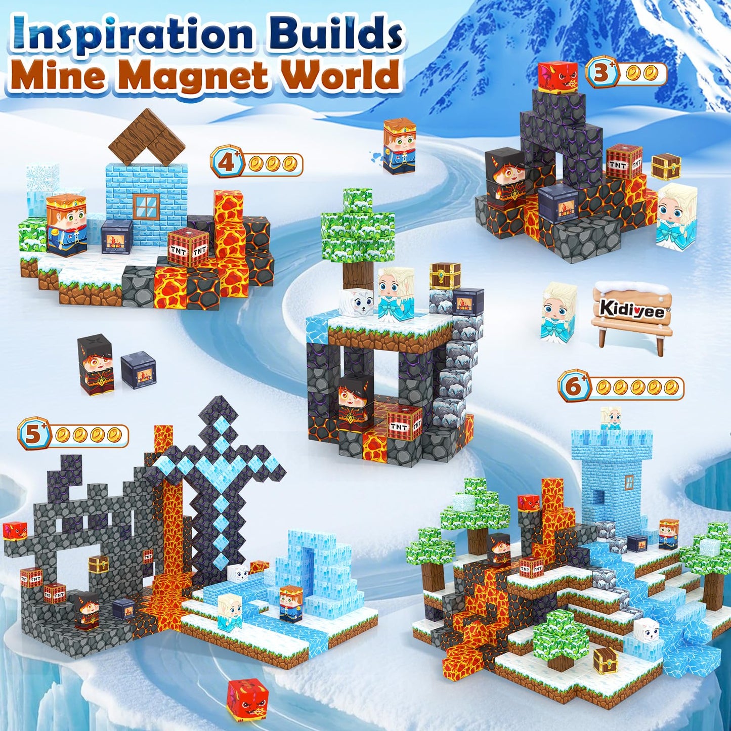 Kidiyee Magnetic Blocks - Build Mine Magnet World Ice Lava Set, 100 Pieces for STEM Play (Ages 3-8)