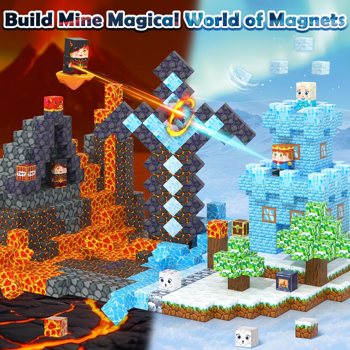 Kidiyee Magnetic Blocks - Build Mine Magnet World Ice Lava Set, 100 Pieces for STEM Play (Ages 3-8)
