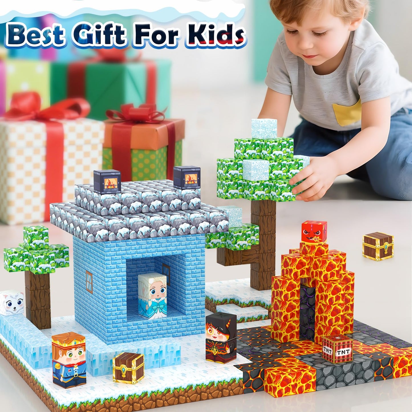 Kidiyee Magnetic Blocks - Build Mine Magnet World Ice Lava Set, 100 Pieces for STEM Play (Ages 3-8)