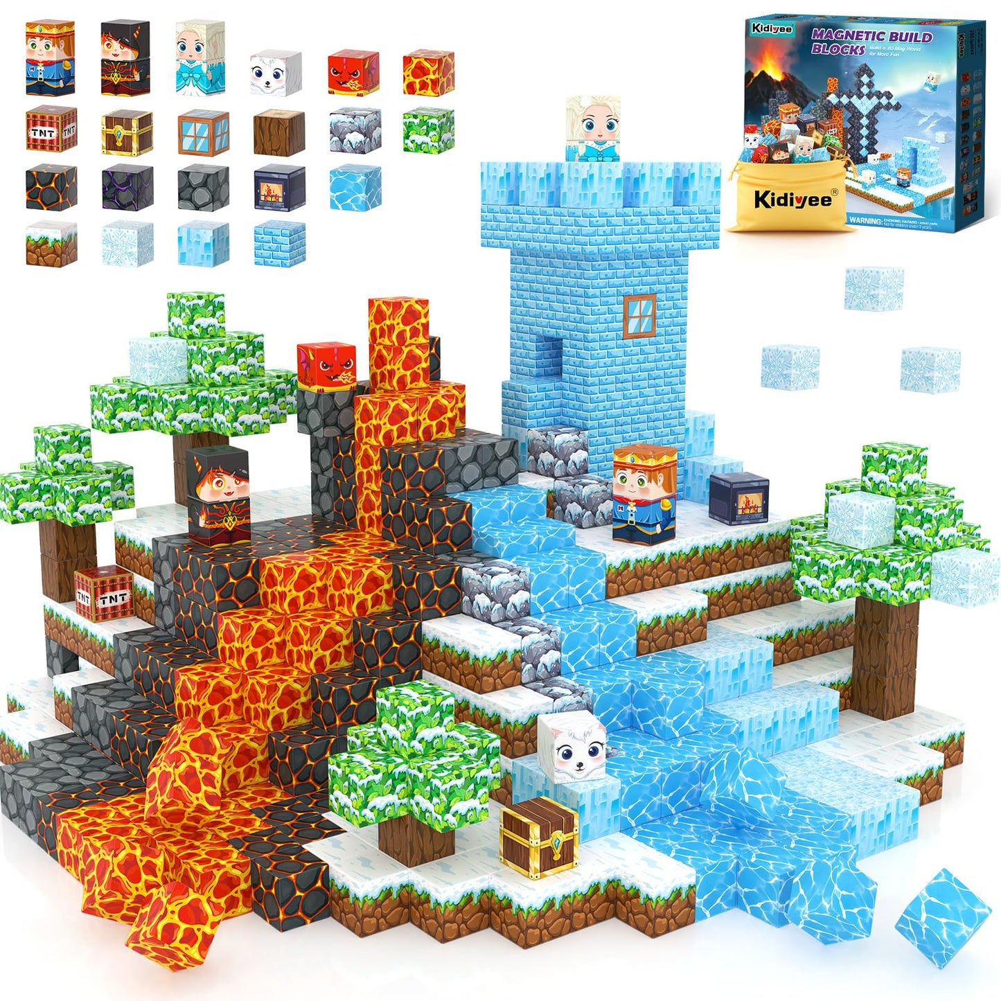 Kidiyee Magnetic Blocks - Build Mine Magnet World Ice Lava Set, 100 Pieces for STEM Play (Ages 3-8)